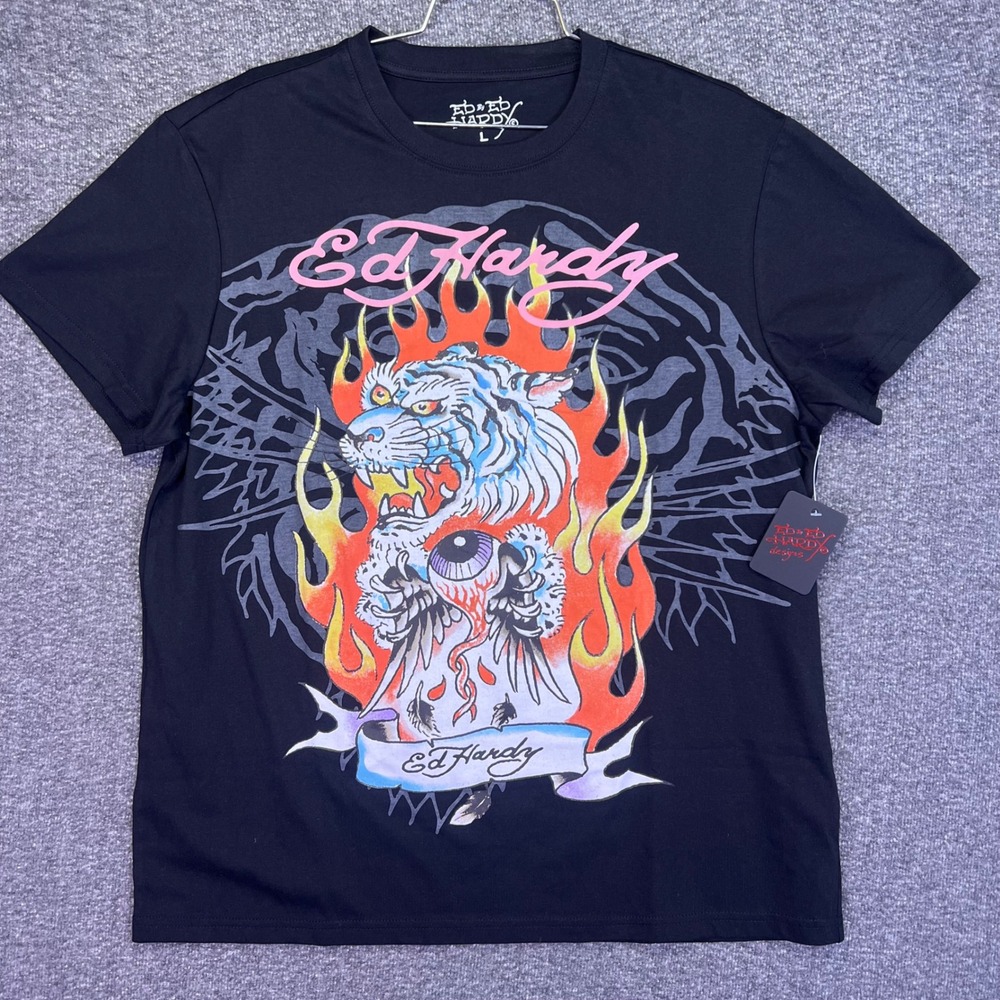 Ed Hardy Graphic Shirt Mens L Black Tattoo Tiger Flame Grunge Y2K Streetwear NEW